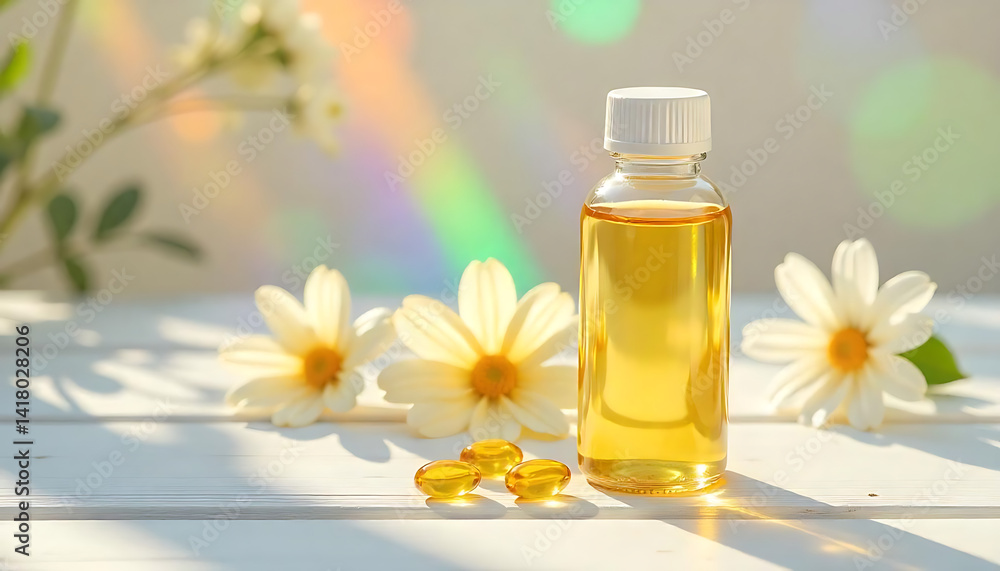Close-up of oil in container on table, Close-up of evening primrose oil in a clear glass bottle, softgels scattered, and fresh flowers arranged on a rustic wooden table, created with generative ai Close-up of oil in container on table, Close-up of evening primrose oil in a clear glass bottle, softgels scattered, and fresh flowers arranged on a rustic wooden table, created with generative ai