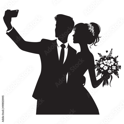 Wedding Selfie Silhouette Vector Illustration Featuring Happy Couple