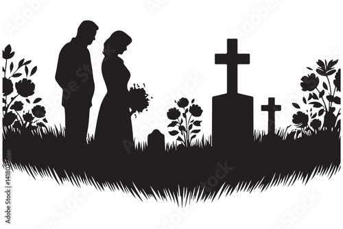 Silhouette couple grieving at graveside art vector illustration