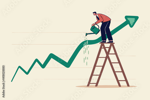 Growing investment from loss or recession, stimulate or boost profit and earning from stock market crisis or downturn concept, businessman investor watering fall down graph and chart to make it grow.