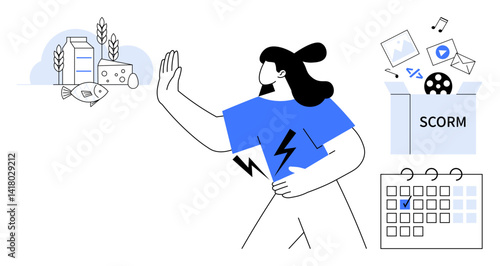 Woman holding her stomach, raising hand towards unwanted food items, digital content, calendar. Ideal for self-control, focus, diet, healthy choices minimalism productivity decision-making. Flat