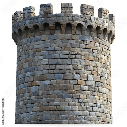 A tall cylindrical castle tower composed of weathered stone blocks