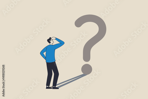 Confusion, uncertainty or self doubt, finding meaning in live, question to answer or searching solution to solve problem concept, curios businessman looking at self shadow as question mark sign.