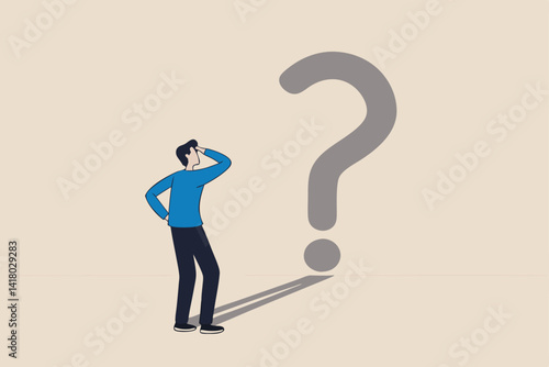 Confusion, uncertainty or self doubt, finding meaning in live, question to answer or searching solution to solve problem concept, curios businessman looking at self shadow as question mark sign.