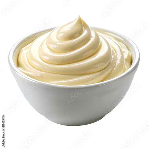 Creamy mayonnaise served in a clear bowl isolated on transparent, Png.