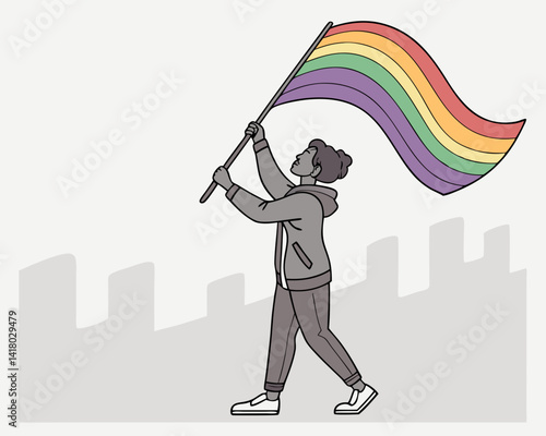 Person joyfully waving a rainbow flag against a neutral background  