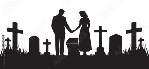 Silhouette of Mourning Couple Holding Hands at Cemetery Grave Site