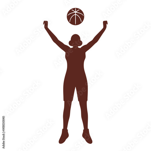 Basketball player silhouette celebrating a victory.  She is jumping with her arms raised in the air holding a ball. Her silhouette is a deep red hue against a white background 