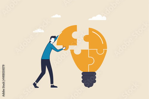 Problem solver, get solution to overcome difficulty, idea, creativity or innovation to fix problem or trouble concept, smart businessman solving lightbulb idea puzzle by connecting last jigsaw piece.