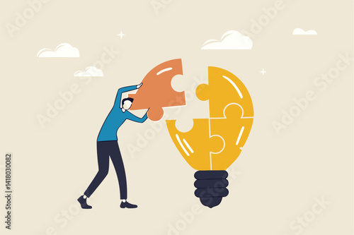 Problem solver, get solution to overcome difficulty, idea, creativity or innovation to fix problem or trouble concept, smart businessman solving lightbulb idea puzzle by connecting last jigsaw piece.