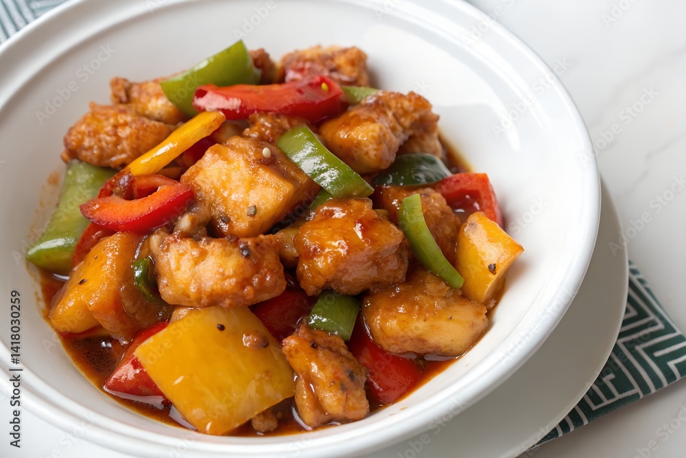 Sweet and sour chicken with bell peppers served in a white bowl, top view Sweet and sour chicken with bell peppers served in a white bowl, top view