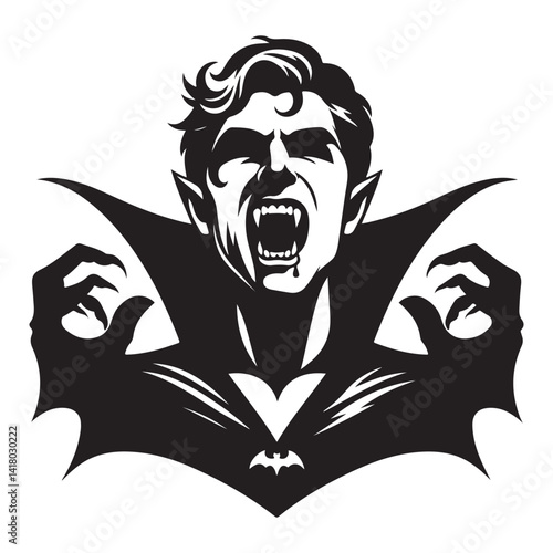 Scary Vampire Silhouette Vector Graphic with Fangs and Cape