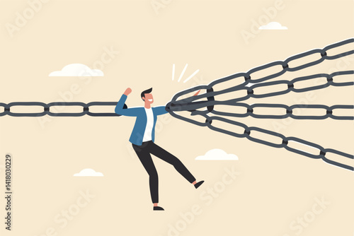 Single point of failure, risk or vulnerable weak point to make all system down, important point to hazard or beware danger concept, businessman at try so hard to hold multiple chain to avoid failure.