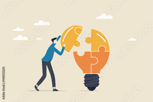 Problem solver, get solution to overcome difficulty, idea, creativity or innovation to fix problem or trouble concept, smart businessman solving lightbulb idea puzzle by connecting last jigsaw piece.