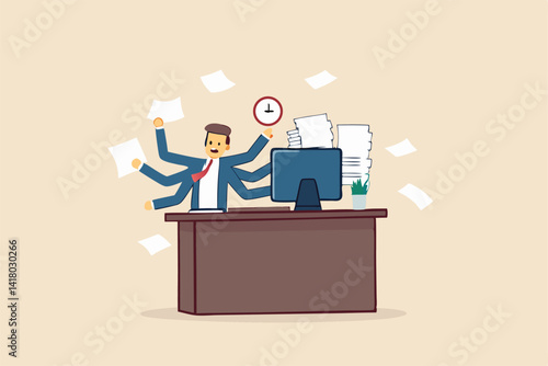 Workaholic, busy businessman multitasking or tired and exhausted from overworked, overload job, lot of paper works concept, workaholic businessman working hard on his office desk with paper works.