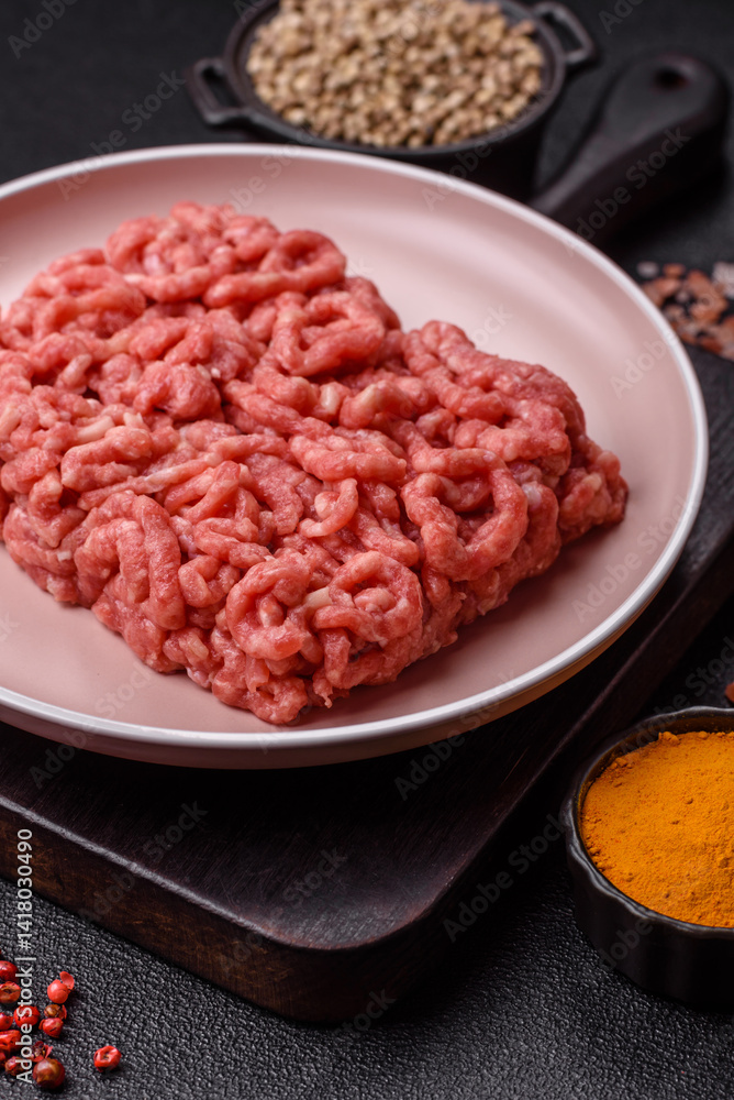 Stuffing or ground raw beef or pork with salt and spices Stuffing or ground raw beef or pork with salt and spices