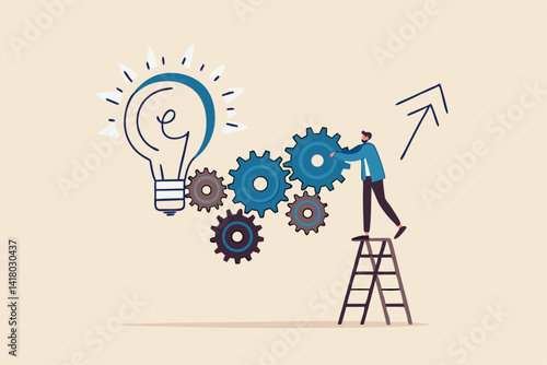 Process improvement, adjustment to improve efficiency or productivity, project progress or development to increase performance concept, businessman put gear into system to improve development process.