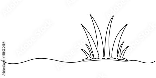 Abstract meadow line with grass. Continuous one line drawing. Vector illustration, Reed one continuous line illustration. Hand drawn doodle drawing of pond on white background, minimalist style pro.