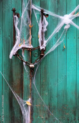 Obraz na płótnie Spooky wooden door with cobwebs – Halloween decoration with eerie autumn atmosphere, haunted house entrance, dark rustic scene, horror themed photo w salonie