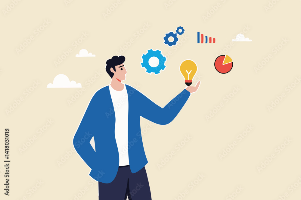 Business intelligence, data analysis for insight making business decision for success, information or report for management concept, businessman hold smart lightbulb with business intelligence data. Business intelligence, data analysis for insight making business decision for success, information or report for management concept, businessman hold smart lightbulb with business intelligence data.