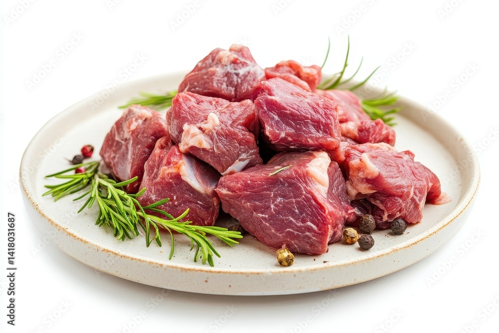 Fresh juicy lamb meat cubes seasoned with rosemary and peppercorns ready for cooking A beautiful close up shot with bright lighting Fresh juicy lamb meat cubes seasoned with rosemary and peppercorns ready for cooking A beautiful close up shot with bright lighting