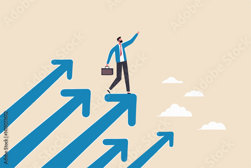 Company success moving forward, challenge or growth to progress, ambition or motivation for improvement concept, confidence businessman standing on growing arrows pointing up in the sky next target.