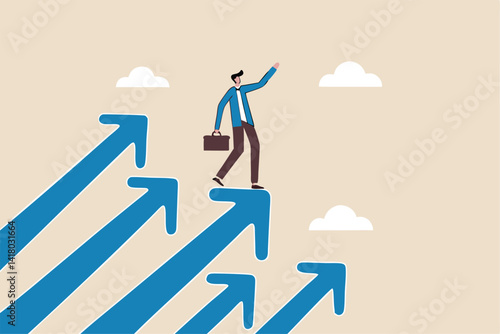 Company success moving forward, challenge or growth to progress, ambition or motivation for improvement concept, confidence businessman standing on growing arrows pointing up in the sky next target.