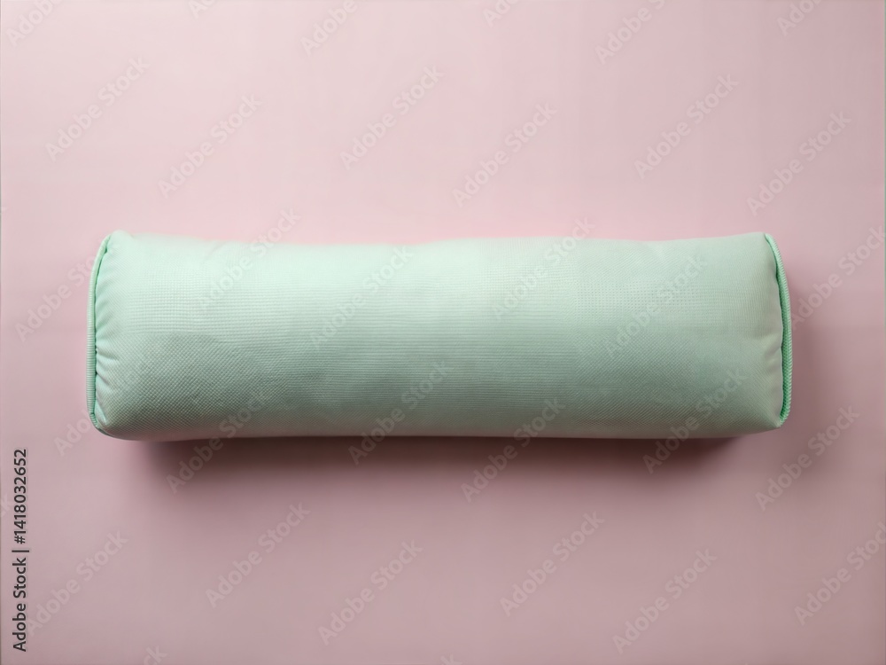 A light green bolster pillow rests peacefully on a pastel pink surface A light green bolster pillow rests peacefully on a pastel pink surface