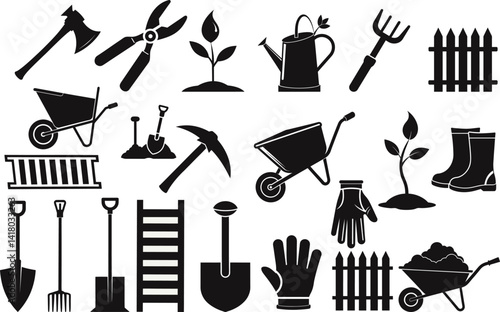 Gardening tools and equipment icons set black silhouettes