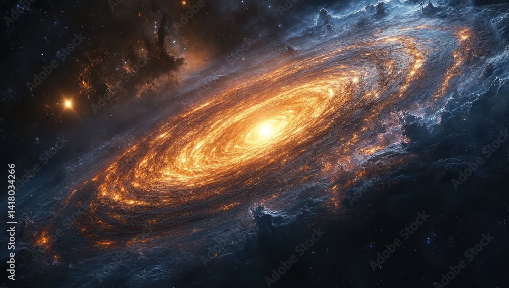 Spiral galaxy with bright center and swirling arms in deep space. Spiral galaxy with bright center and swirling arms in deep space.