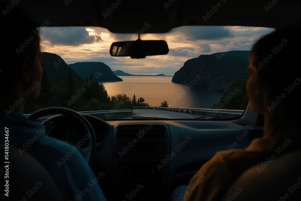 Fototapeta premium Driving along a scenic route with beautiful views at sunset near the coast