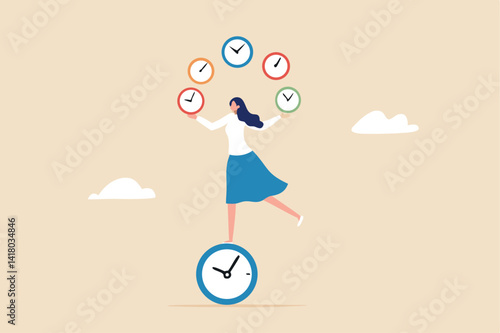 Time management for best efficiency and productivity, manage project and control timeline or schedule, speed or fast work concept, businesswoman juggling clocks and balance herself on the clock.