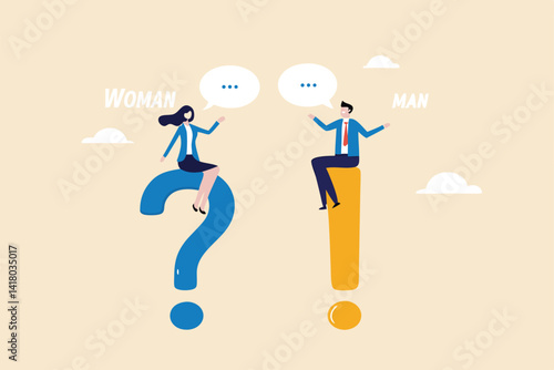 Question and answer, Q and A, FAQ, frequently asked questions, discussion to get solution to solve problem, brainstorm conversation or quiz concept, businessman and woman ask and answer questions.