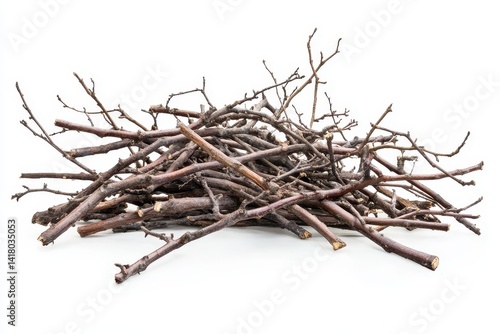 A pile of rustic brown branches perfect for crafts or firewood against a stark white background Simple natural lighting showcases the