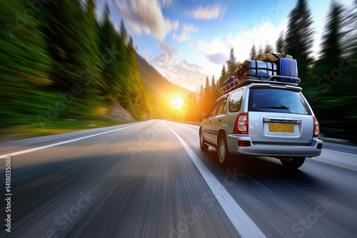 Wallpaper Mural Scenic road trip through forested mountains during sunset with a packed vehicle Torontodigital.ca