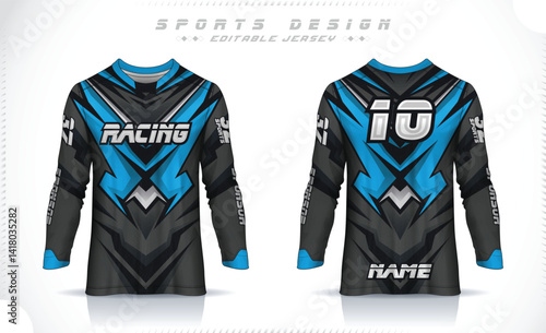 Long sleeve jersey design template, Motocross racing jersey design. Sports uniform front and back view