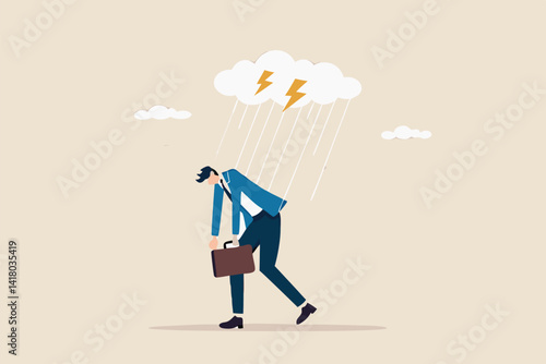 Having bad day, disappointed work, discourage or depression, failure feeling bad or difficulty, having problem and trouble concept, depressed wet businessman walking in raining thunderstorm.