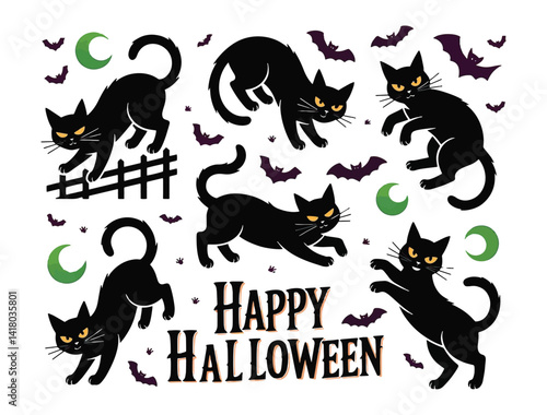 Halloween cat silhouette vector illustration icon set