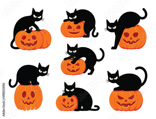 Set of halloween cats with pumpkins colorful vector illustration on white background