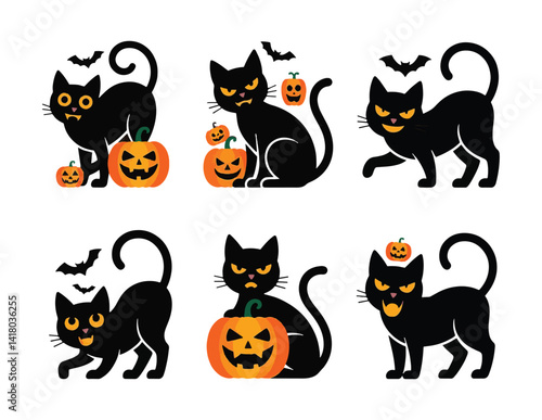 Set of halloween cats with pumpkins colorful vector illustration on white background