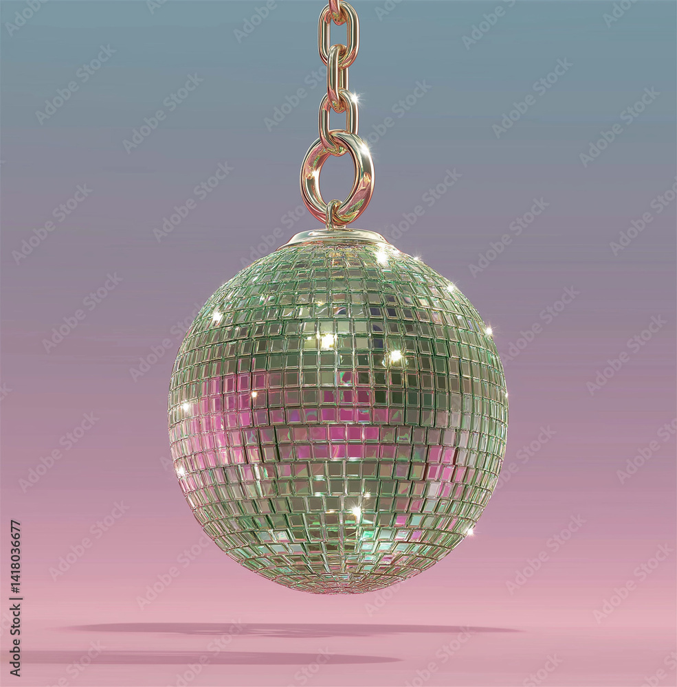 Obraz premium a green hanging disco ball with beaded decoration on a pink background, ball, disco, mirror, sphere, party.
