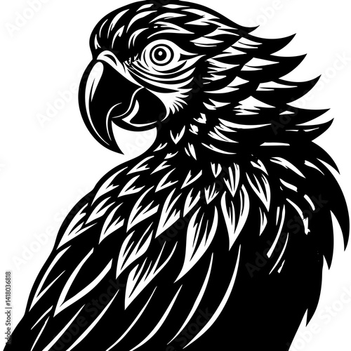 Black and white vector illustration of a flying parrot, a wild bird with tribal wing design.