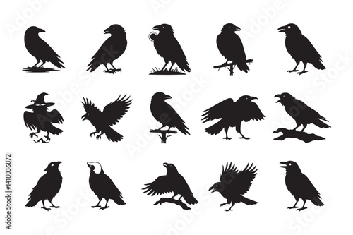 Black crow silhouette set vector illustration
