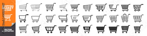 Shopping cart icon isolated on transparent. Trolley and grocery basket. Shopping cart icon set, flat and line style for E-commerce and retail