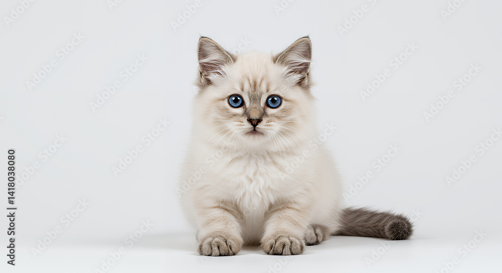 Fototapeta premium Adorable Ragdoll Kitten with Striking Blue Eyes Fluffy White Fur Sitting on White Background