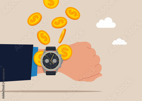 Businessman with wrist watch. Value of money increases over time. Savings, Collecting Money in Account, Open Bank Deposit. World economic vision for business, technology,  investment.  Vector