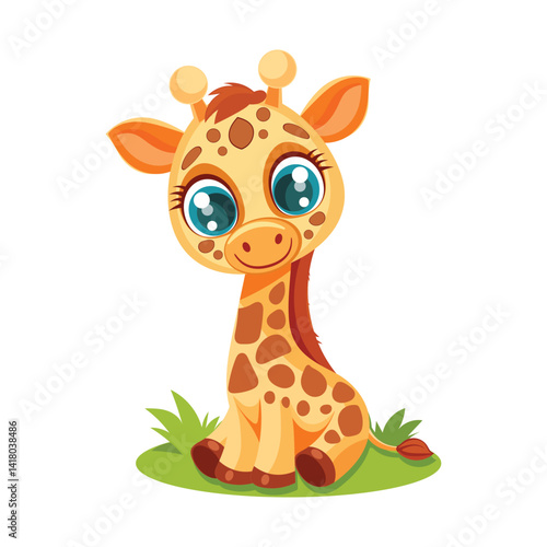 Adorable baby giraffe sitting and smiling in cartoon style
