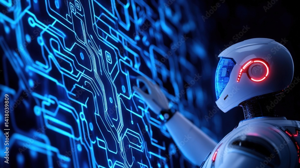 A humanoid robot explores an intricate digital interface filled with glowing circuitry patterns while standing in a high-tech environment at night. The ambiance is illuminated by blue and red lights