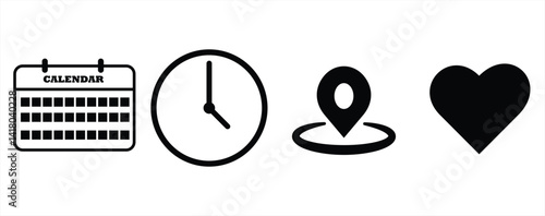Date, Time, Address, Love icons set. vector icons illustrations. 