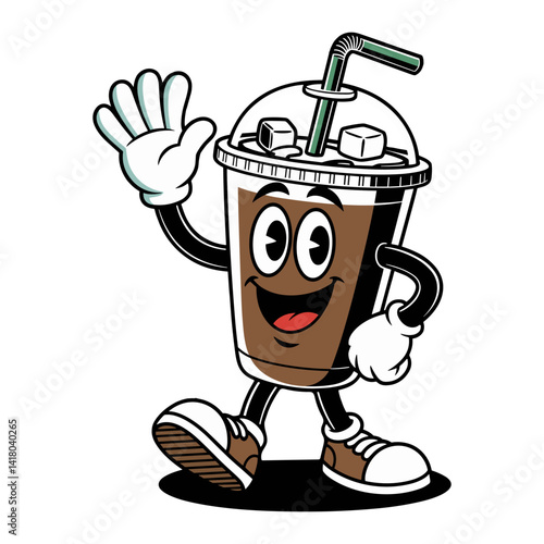 Cartoon iced coffee mascot character smiling and waving on white background, vector illustration